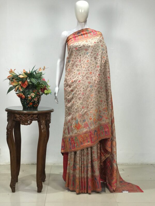 Beige Modal Silk Kani Weave Saree: Bari Ambi Design