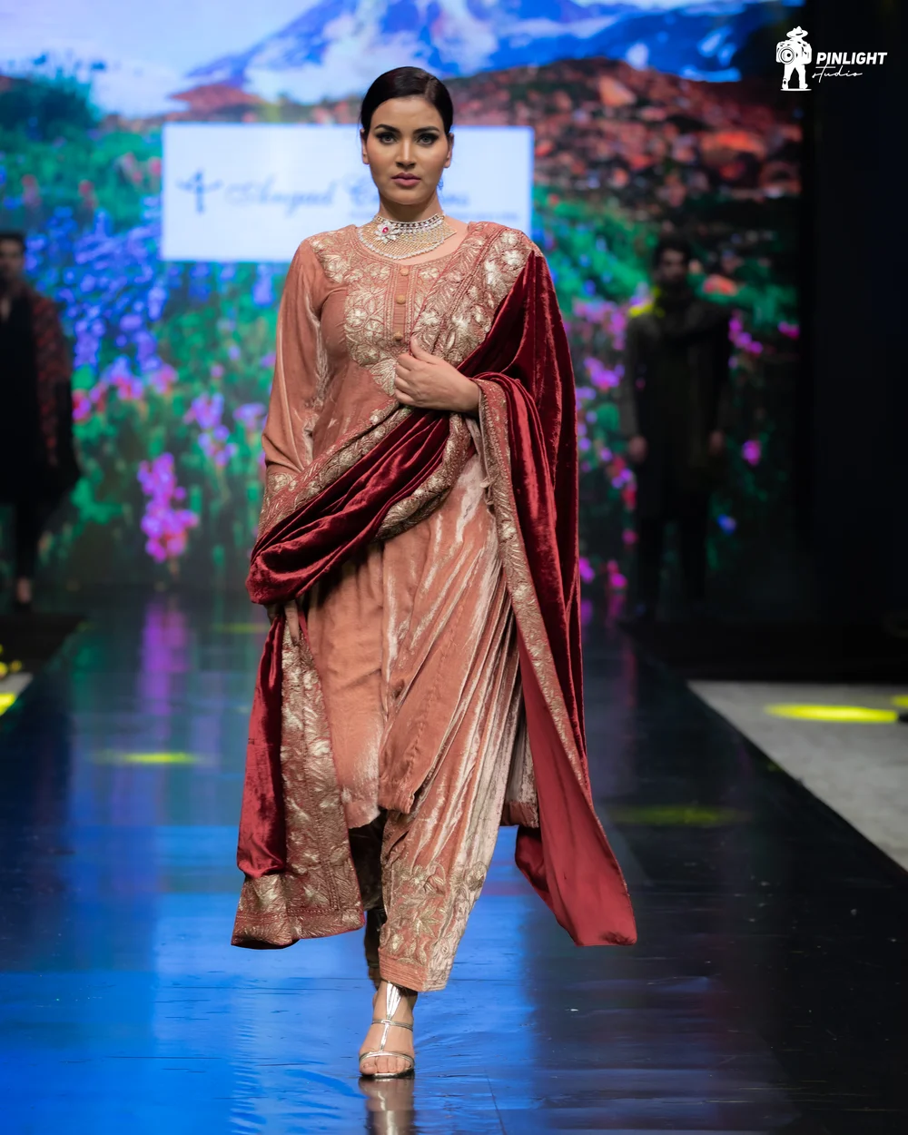 Sandy Brown Gloss Velvet Royal Kashmiri Suit with Tilla Embroidery