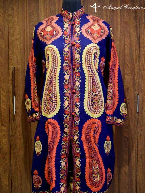 Purple Kashmiri Jacket With Long Paisley And Boteh Embroidery Front