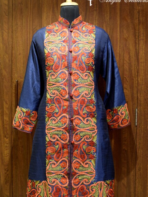 Blue Kashmiri Jacket With Anarkali Style paisley Embroidery Front