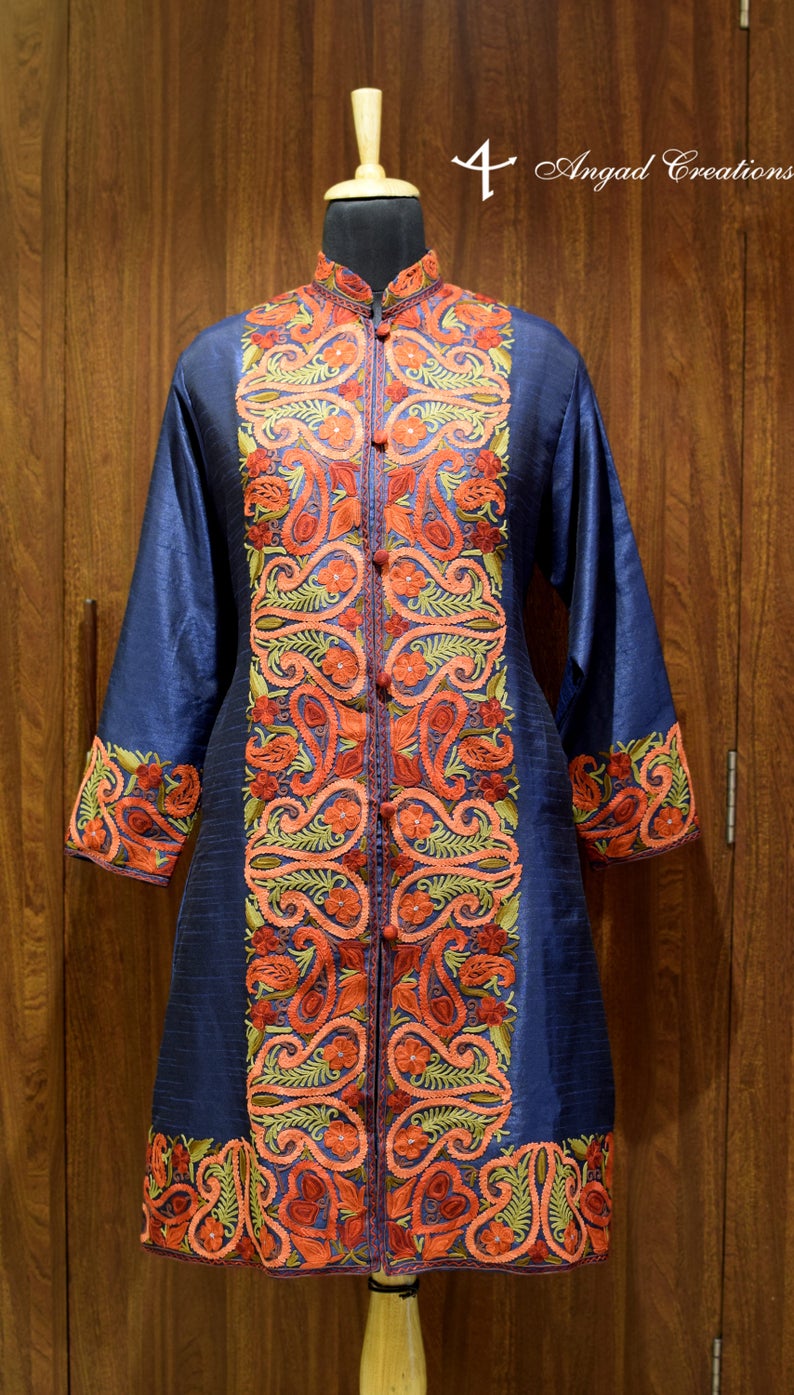 Blue Kashmiri Jacket With Anarkali Style paisley Embroidery Front