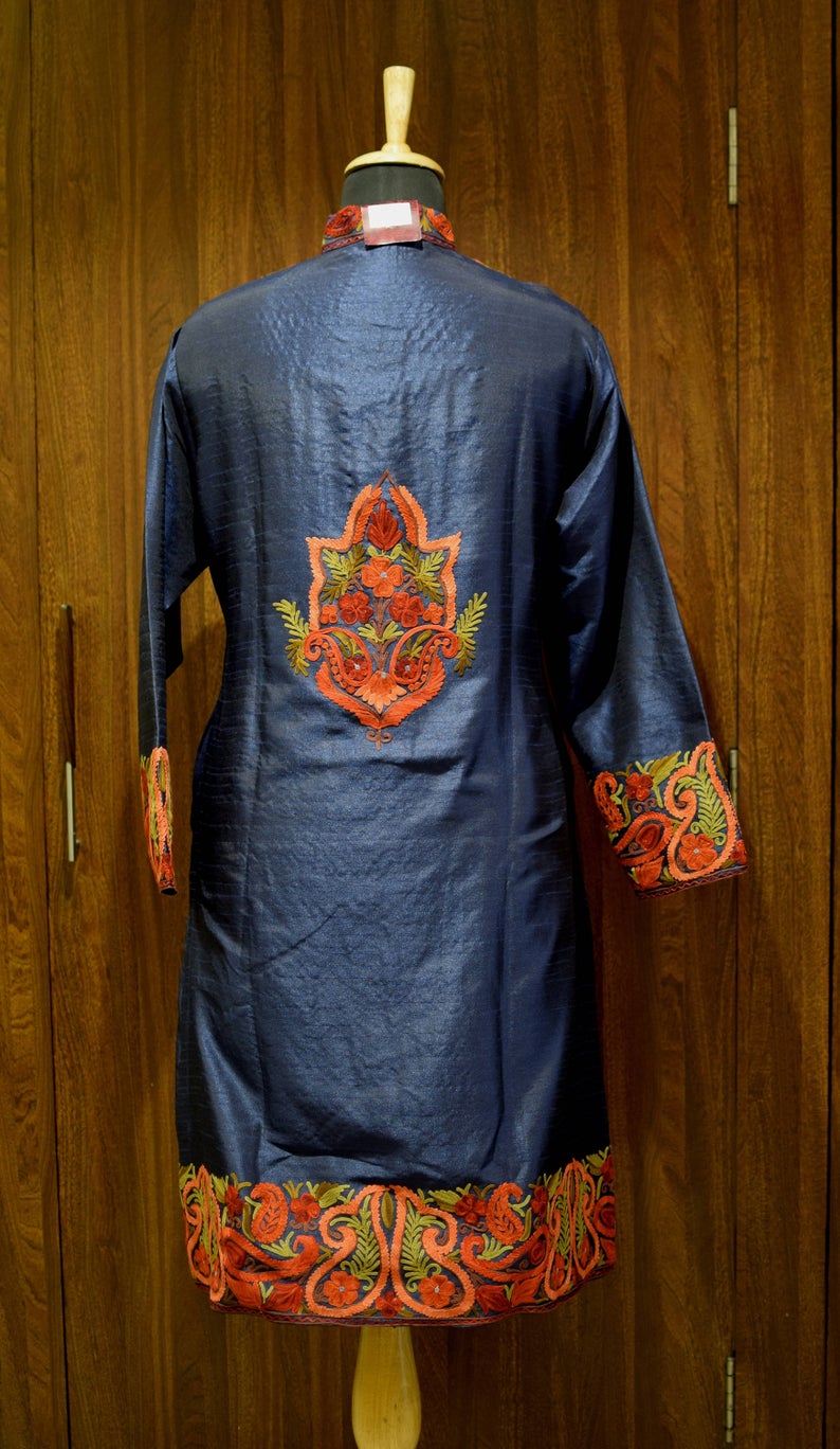 Blue Kashmiri Jacket With Anarkali Style paisley Embroidery Back