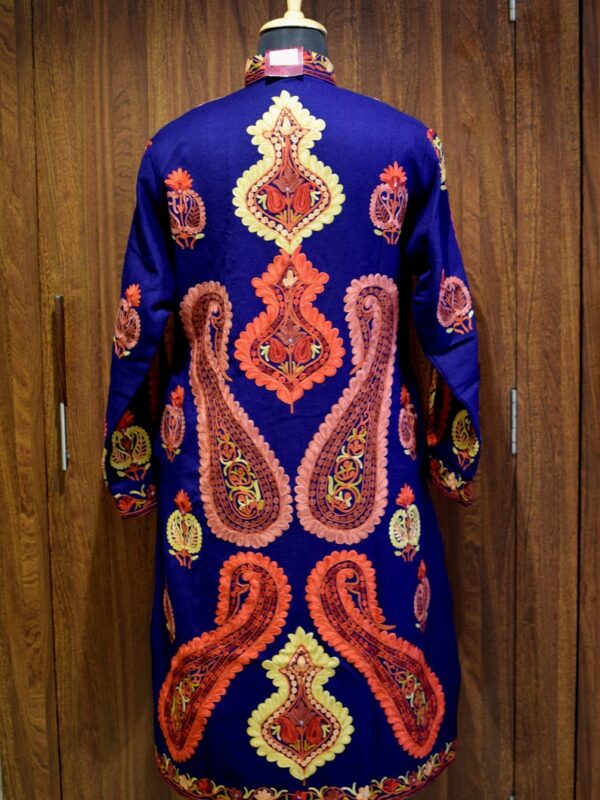 Purple Kashmiri Jacket With Long Paisley And Boteh Embroidery Back