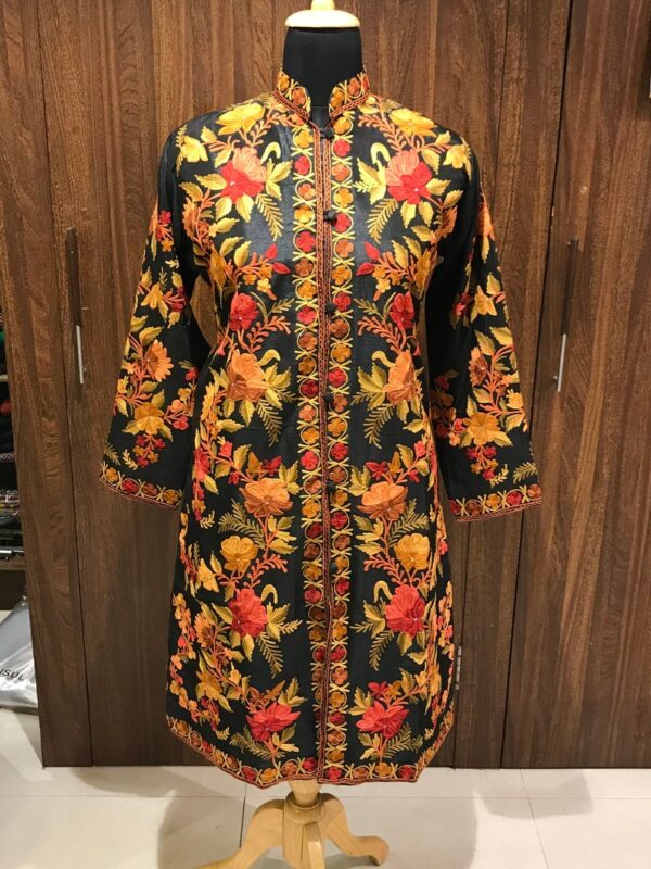 Black Kashmiri Jacket With Floral Kashmiri Aari Jaal Embroidery Front