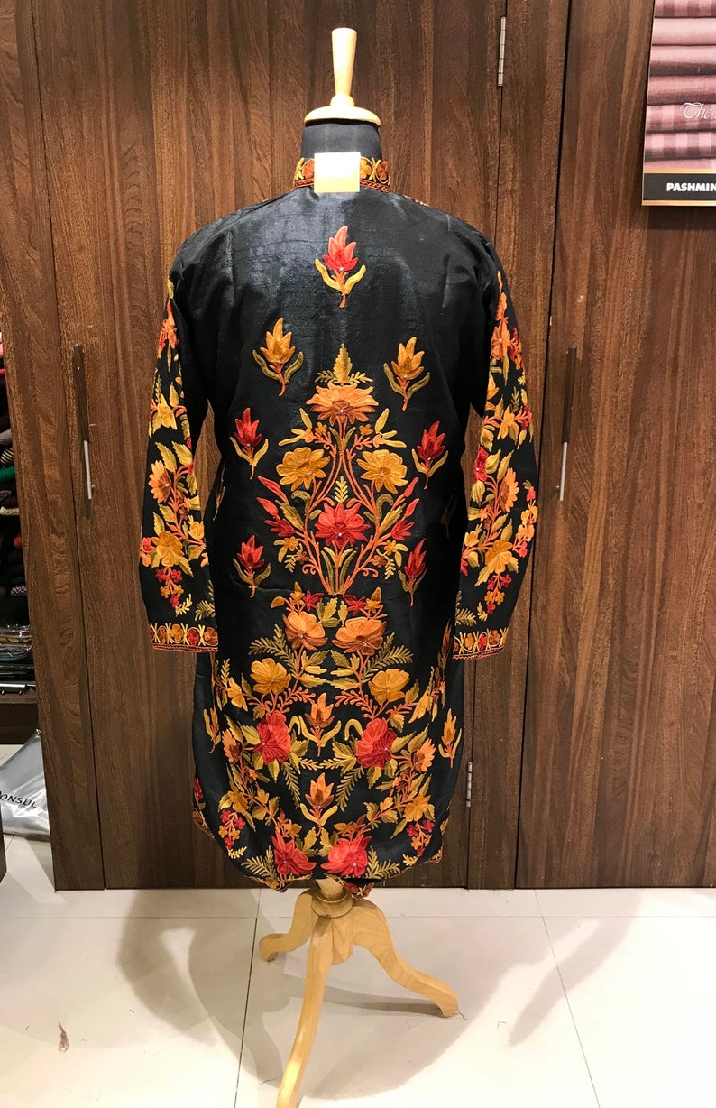 Black Kashmiri Jacket With Floral Kashmiri Aari Jaal Embroidery Back