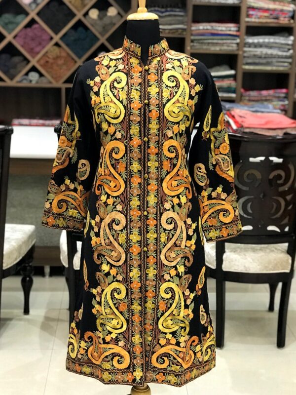 Black Kashmiri Coat With Paisley Embroidery Front