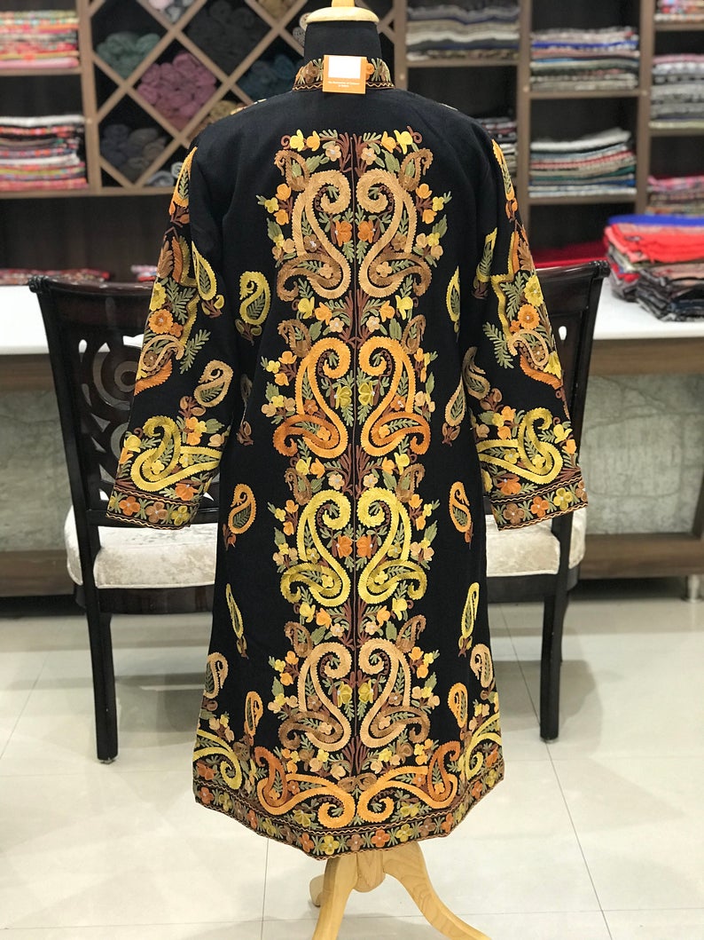 Black Kashmiri Coat With Paisley Embroidery Back