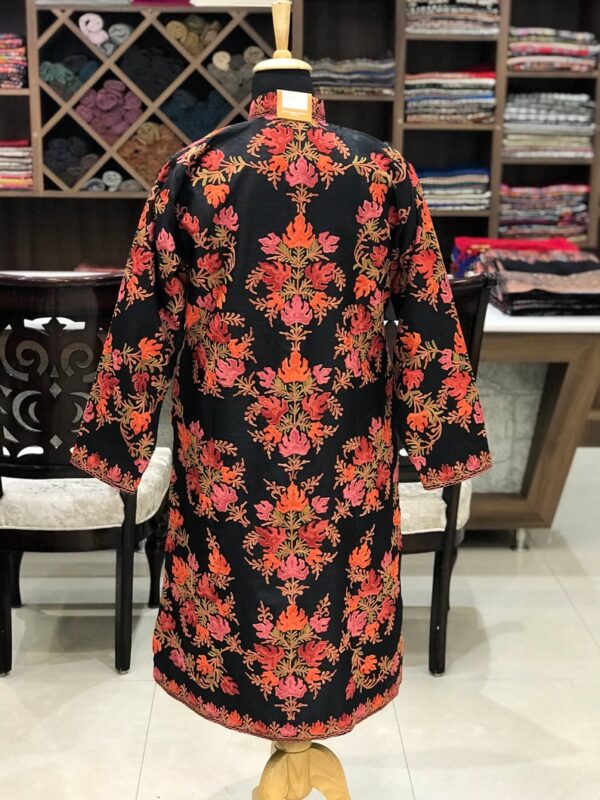 Black Kashmiri Coat With Chinar Boteh Style Embroidery Front