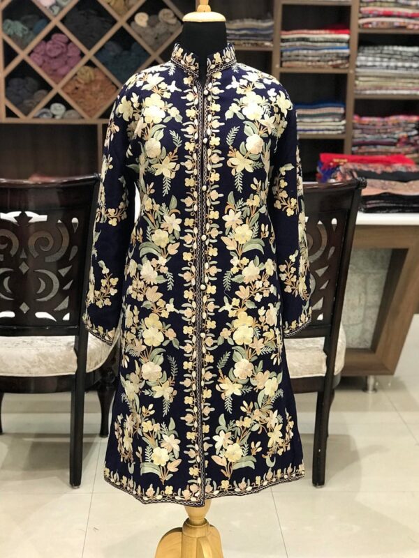 Navy Blue Kashmiri Coat With Floral Pattern Embroidery Front