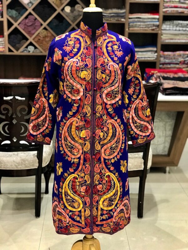 Blue Kashmiri Long Coat with Aari Jaal Embroidery Front