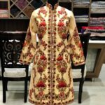 Cream Kashmiri Coat with Floral Style Paisley Embroidery Front
