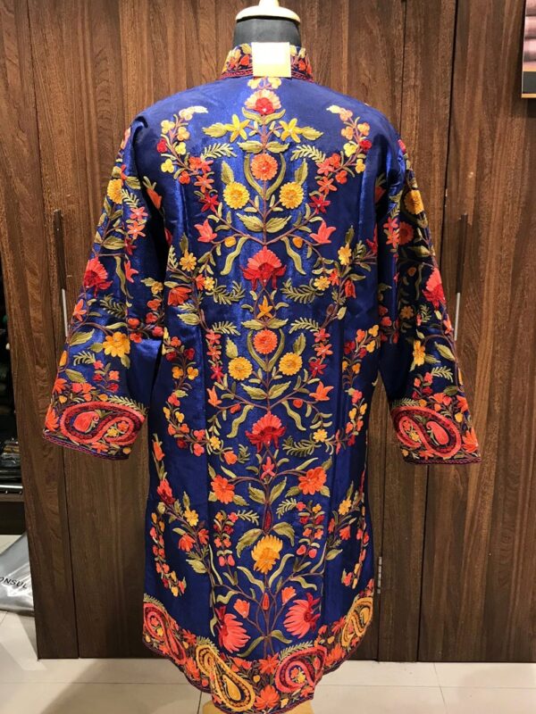 Blue Kashmiri Coat With Floral Vine Pattern Embroidery Back