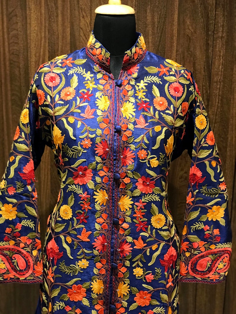 Blue Kashmiri Coat With Floral Vine Pattern Embroidery Front