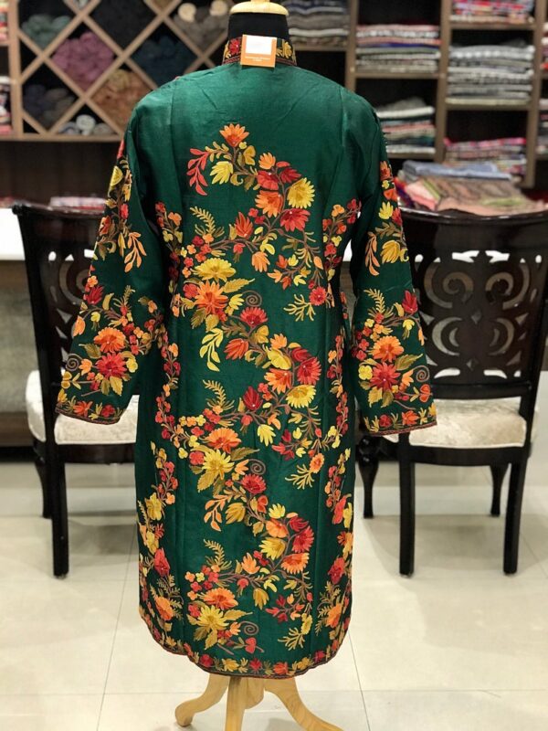 Green Kashmiri Coat With Floral Vine Pattern Embroidery Back