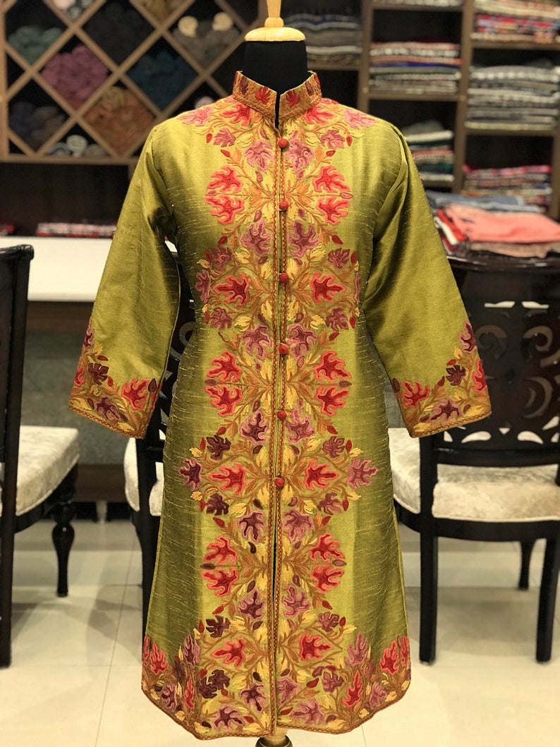Olive Green Kashmiri Jacket With Chinar Embroidery Front