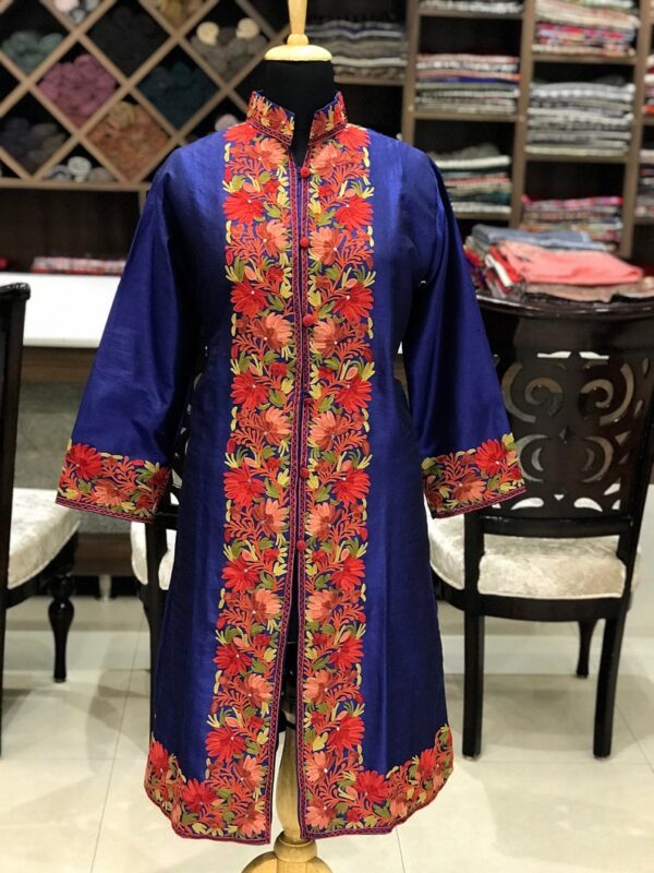 Blue Kashmiri With Achkan Style Floral Embroidery Front