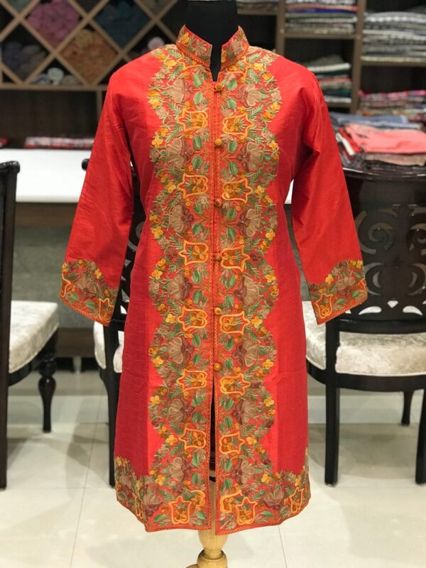 Red Kashmiri Jackets With Anarkali Style Kashmiri Aari Embroidery Front