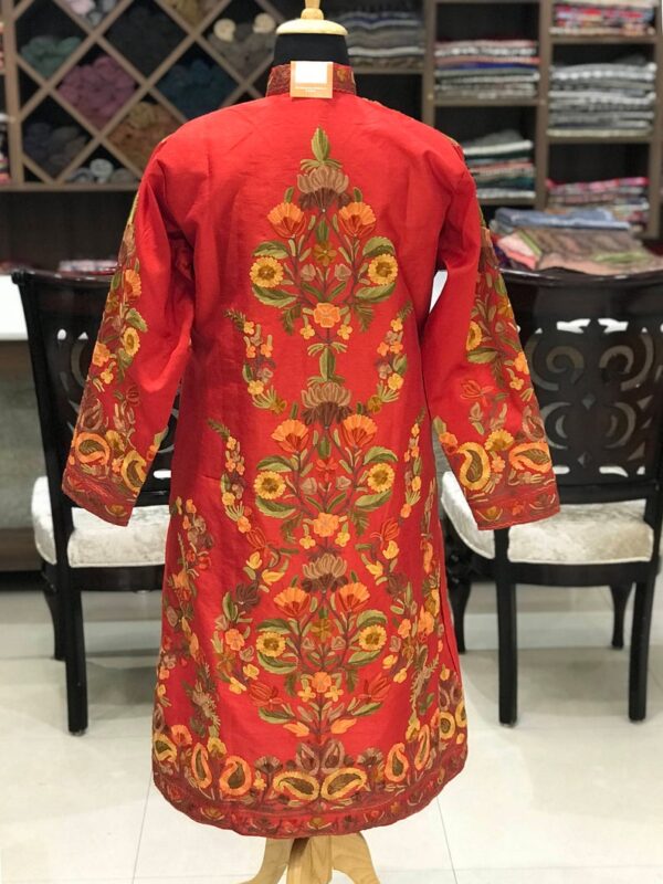 Red Kashmiri Jacket With Floral Kashmiri Aari Jaal Embroidery Back