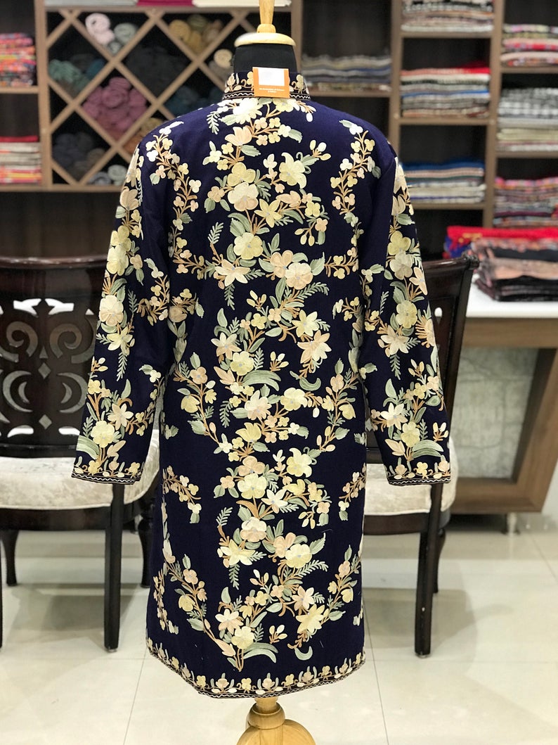 Navy Blue Kashmiri Coat With Floral Pattern Embroidery Back