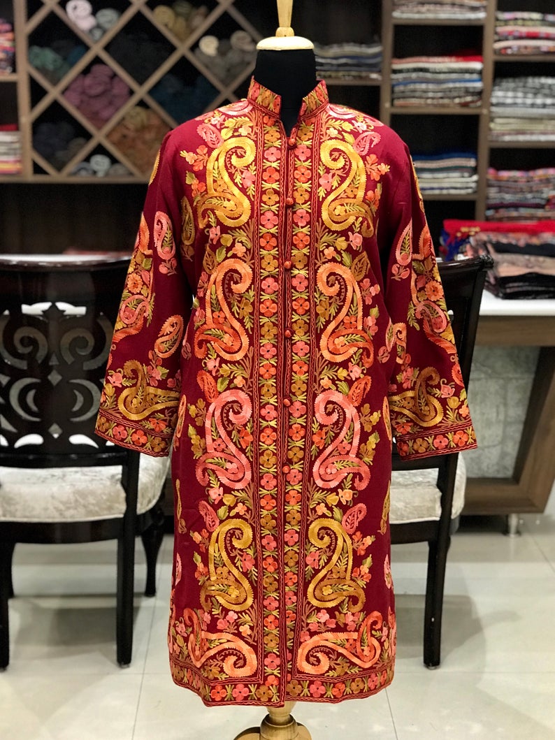 Red Kashmiri Coat With Paisley Embroidery Front