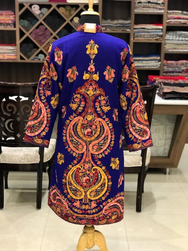 Blue Kashmiri Long Coat with Aari Jaal Embroidery Back