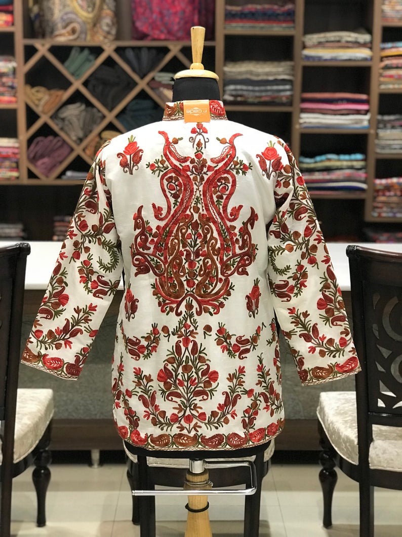 White Short Jacket With Floral Kashmiri Embroidery Back
