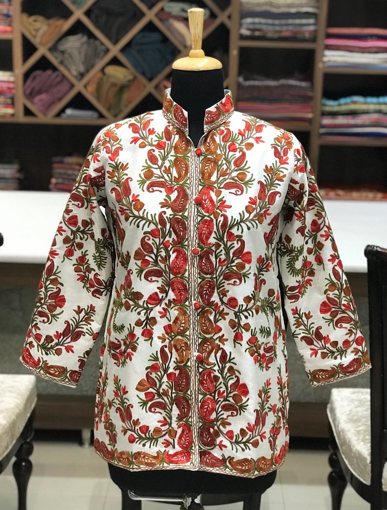 White Short Jacket With Floral Kashmiri Embroidery Front