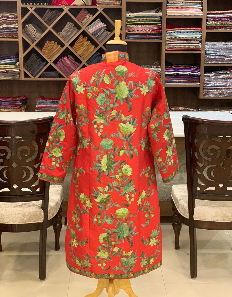 Red Kashmiri Jacket With Floral Pattern Embroidery Back