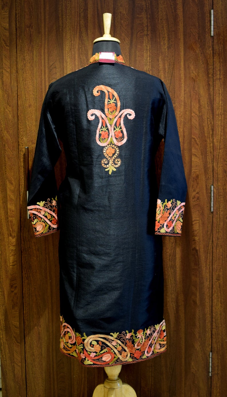 Black Kashmiri Long Coat with Anarkali Style Paisley Embroidery Back