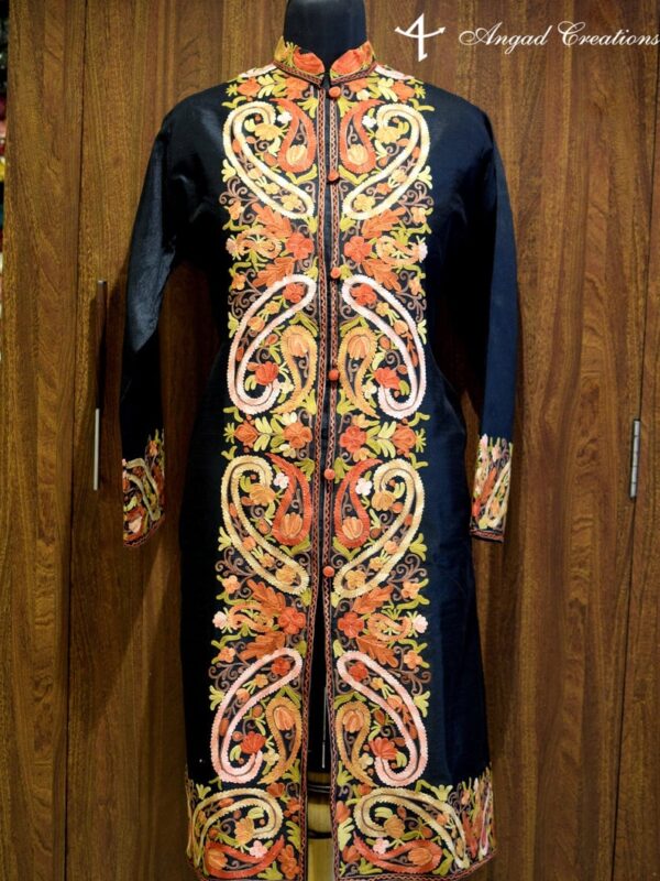 Black Kashmiri Long Coat with Anarkali Style Paisley Embroidery Front