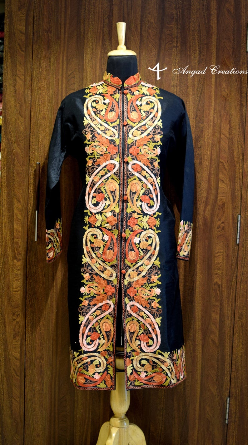 Black Kashmiri Long Coat with Anarkali Style Paisley Embroidery Front