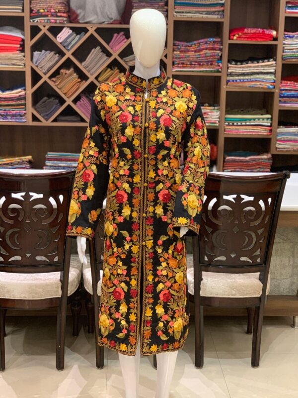 Black Kashmiri Coat With Floral Vine Jaal Embroidery Front