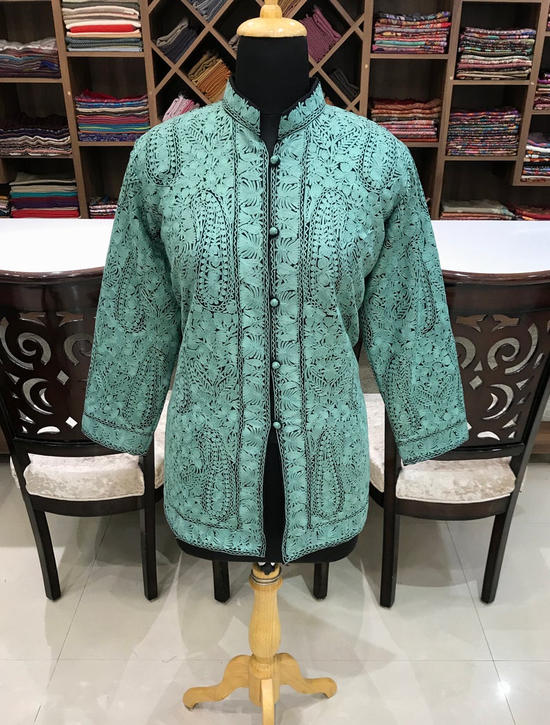 Navy Blue Short Jacket With Paisley Style Boteh Embroidery Front