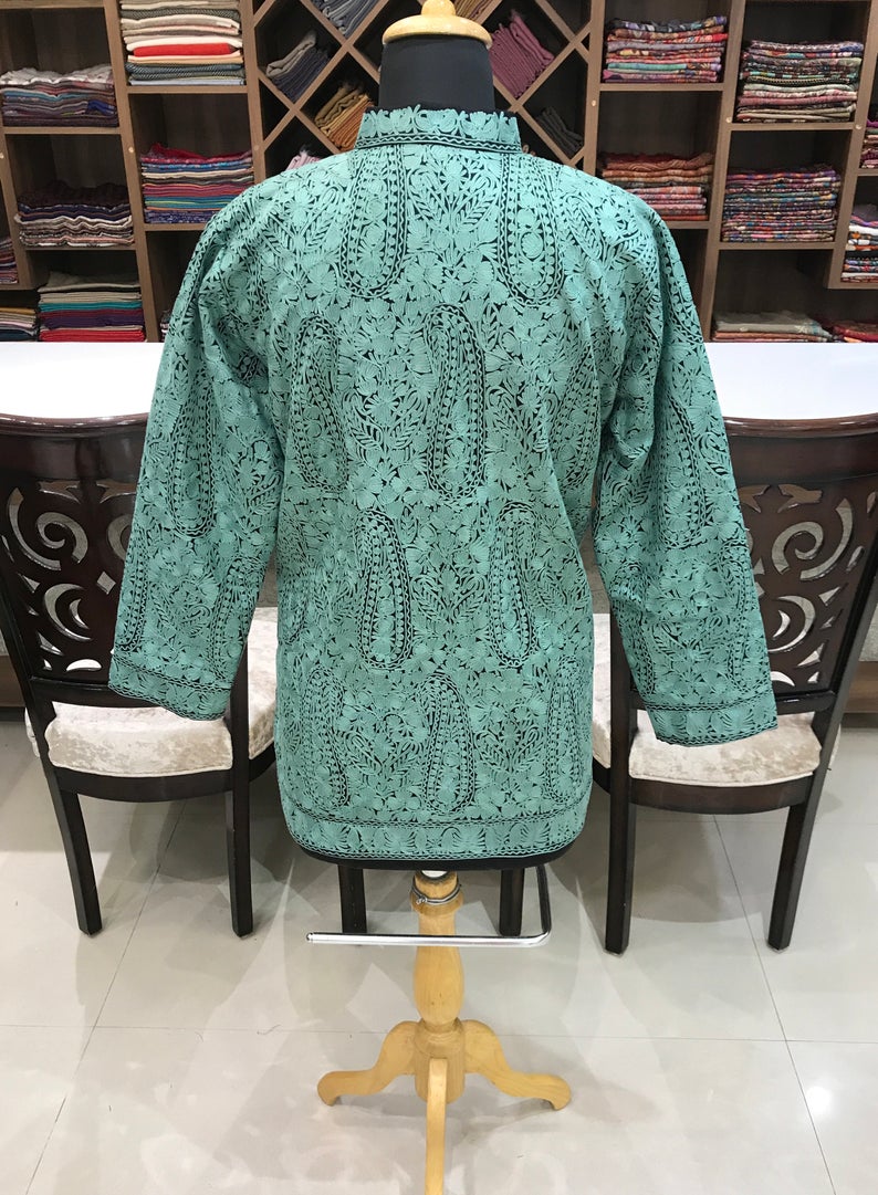 Black Kashmiri Jamawar Jacket with Green Embroidery Back