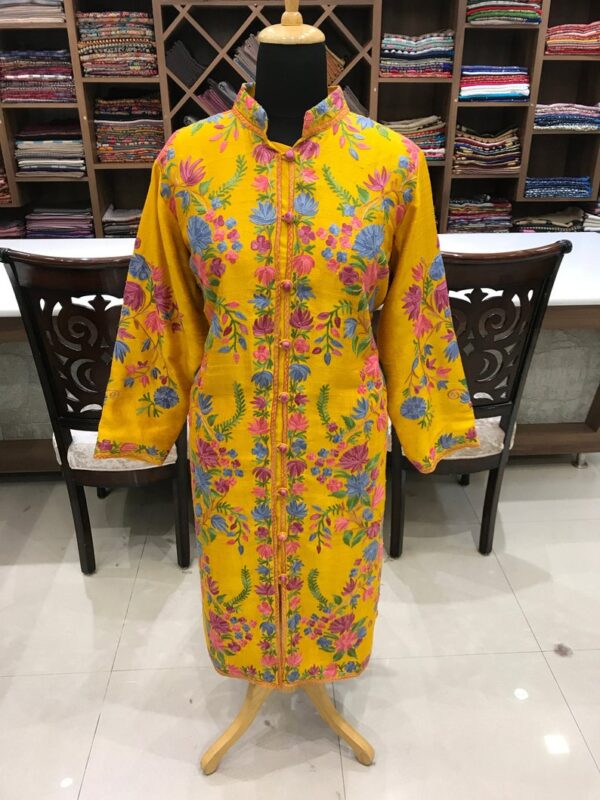 Yellow Kashmiri Coat With Floral Pattern Embroidery Front