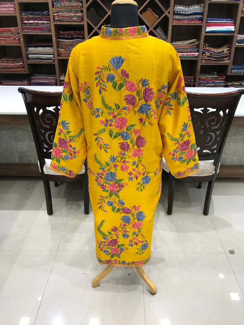 Yellow Kashmiri Coat With Floral Pattern Embroidery Back