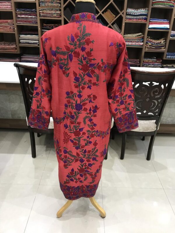 Sizzling Red Kashmiri Coat With Floral Vine Pattern Embroidery Back