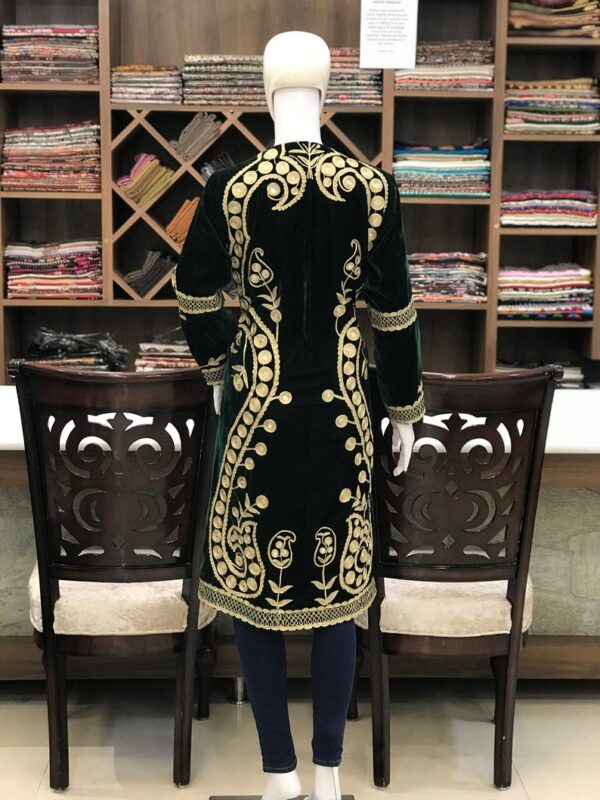 Green Velvet Kashmiri Dori & Tilla Embroidered Front Back