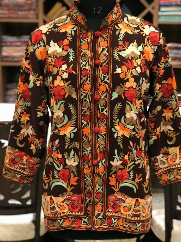 Brown Short Embroidered Kashmiri Jacket Front