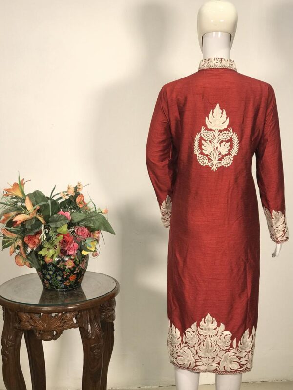 Red Long Overcoat with White Embroidery Back