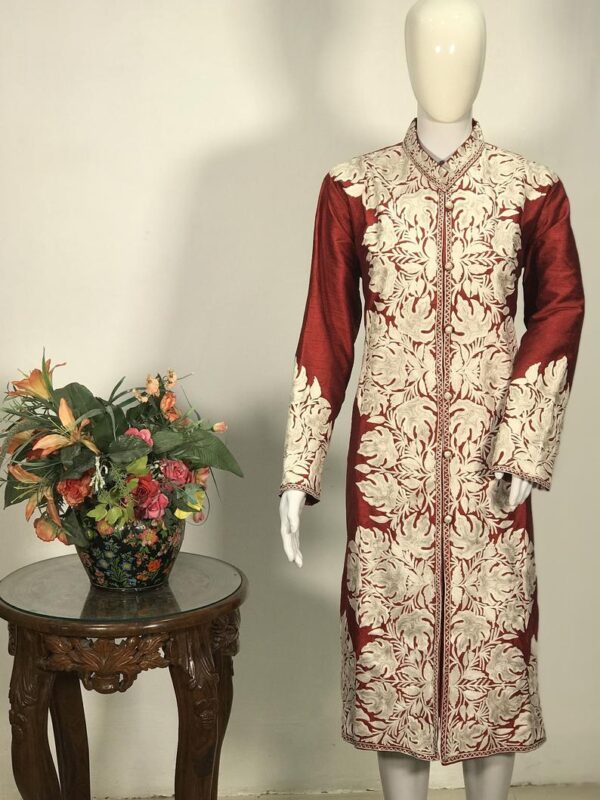 Red Long Overcoat with White Embroidery Front