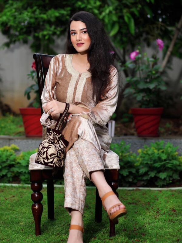 Fawn Gloss Velvet Royal Kashmiri Suit with Tilla Neck & Aari Embroidered Pant Front