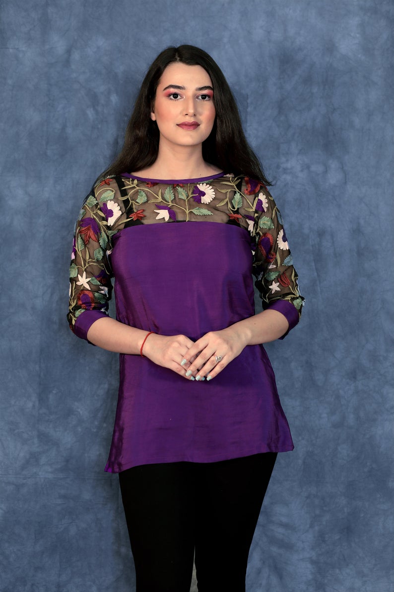 Purple Top with Thread Embroidered Shoulders & Sleeves