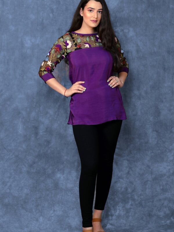 Purple Top with Thread Embroidered Shoulders & Sleeves Front