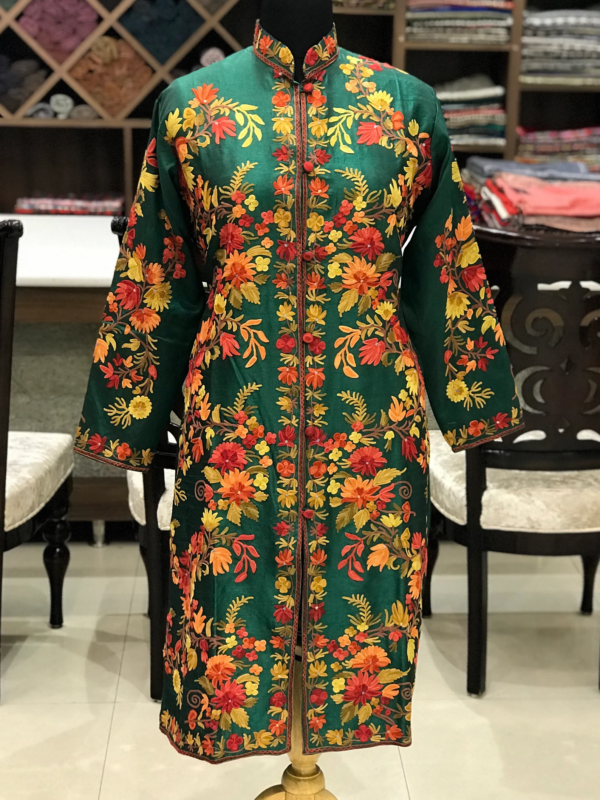 Bottle Green Kashmiri Coat With Floral Vine Pattern Embroidery