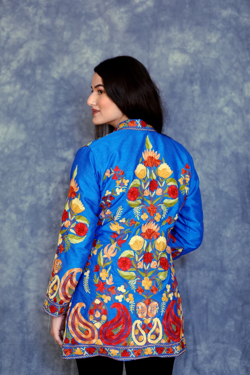 Ferozi Short Jacket With Kashmiri Aari Jaal Embroidery model backside