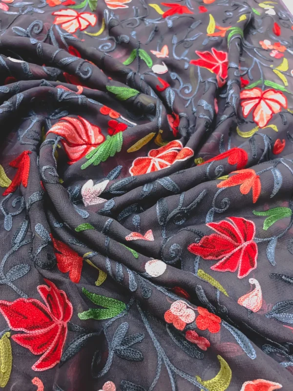 Grey Georgette Fabric with Maple Leaf Embroidery