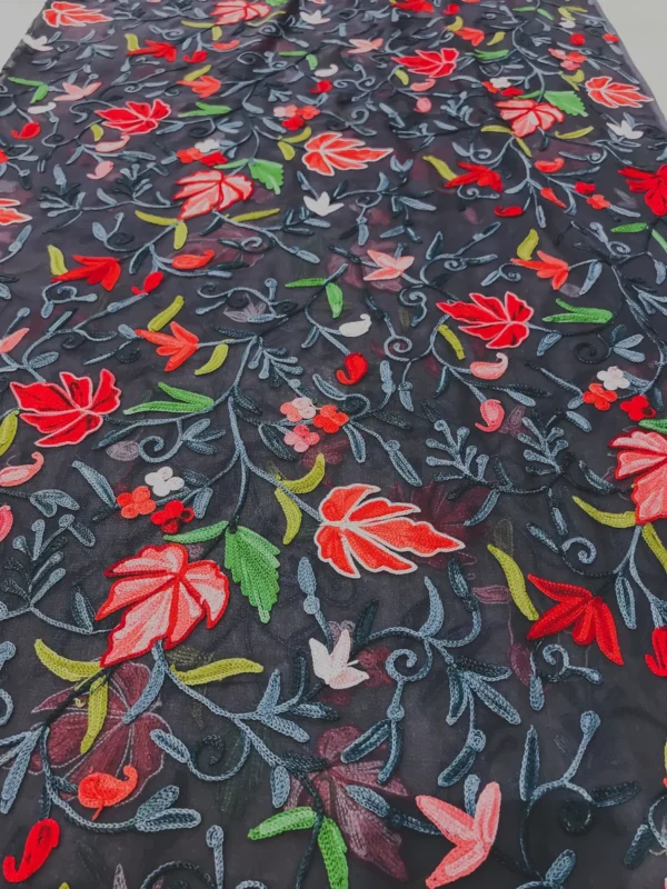 Grey Georgette Fabric with Maple Leaf Embroidery flat view