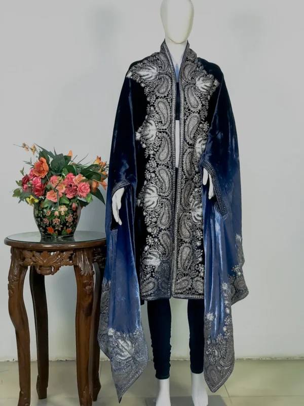 Antique Ambi Embroidered Ombre Blue Gloss Velvet Cape
