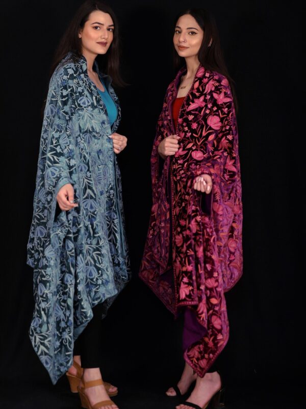 Gloss Velvet Ombre Cape with All Over Floral Embroidery: Purple and Pink Duo